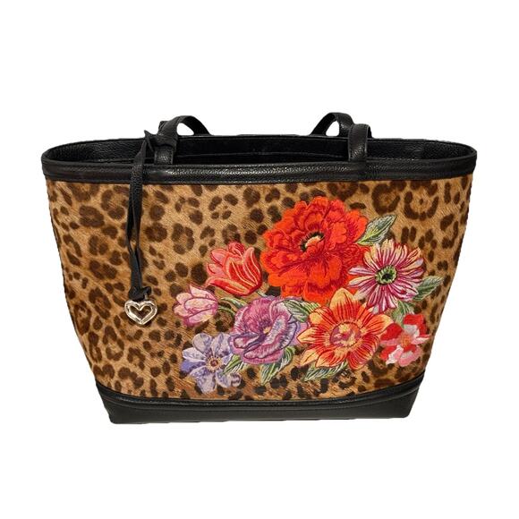 Brighton Handbags - BRIGHTON Lex Tote Uptown Spots Black Leather Embroidered Flowers